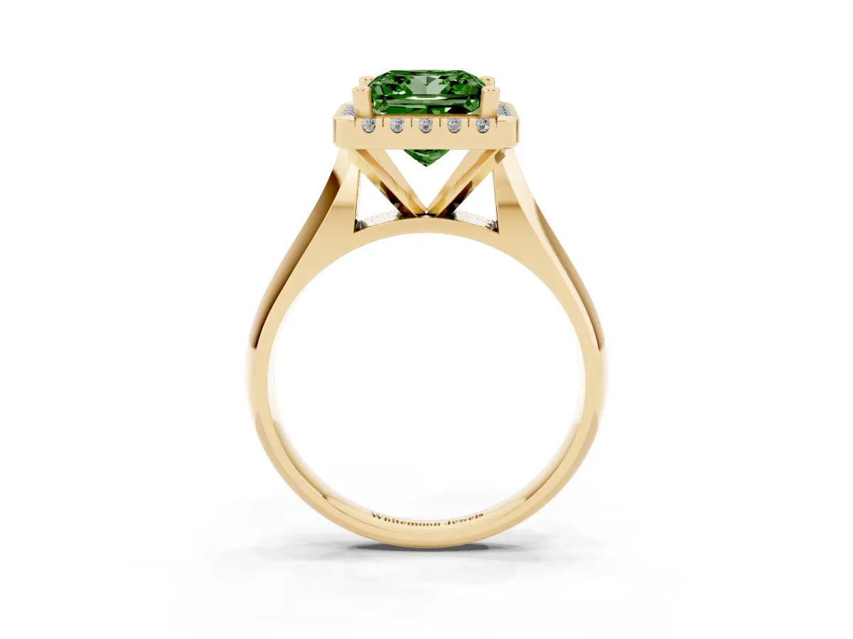 Fancy Green Princess Cut Cut Halo Solitaire Engagement Ring with Square Band and Four-Prong Setting Yellow gold