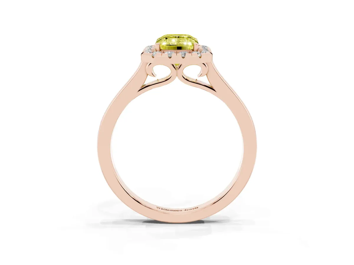 Fancy Yellow Emerald Cut Halo Round Diamond Solitaire Ring with Pavé Band and Four-Prong Setting Rose gold
