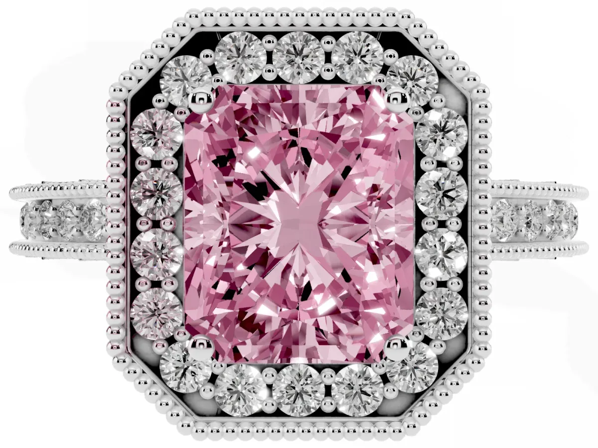 Fancy Pink Radiant Cut Diamond Milgrain Halo Engagement Ring with Round Pavé Band and Prong Setting Platinum