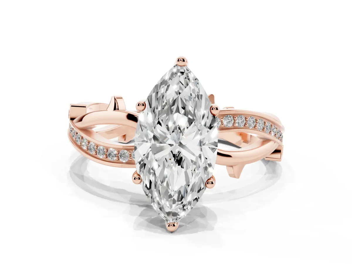 Marquise Cut Solitaire Twist Band with Pavé Accents and Four-Prong Setting Rose gold