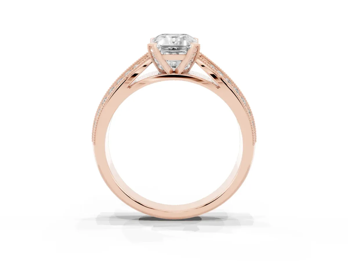 Emerald Cut Diamond Solitaire Ring with Milgrain Round Pavé Band and Prong Setting Rose gold