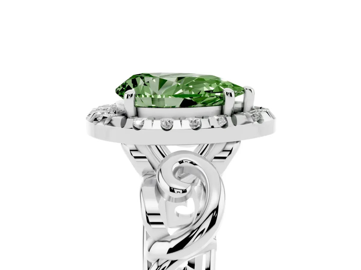 Fancy Green Pear Cut Cut Halo Diamond Ring with Scrollwork Band and Four-Prong Setting Platinum