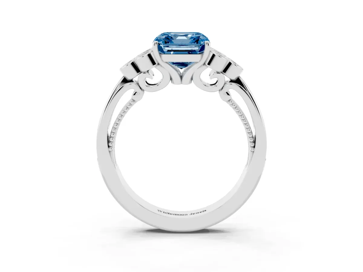 Fancy Blue Asscher Cut Cut Diamond Engagement Ring with Bezel Set Round Side Stones and Prong Setting Silver