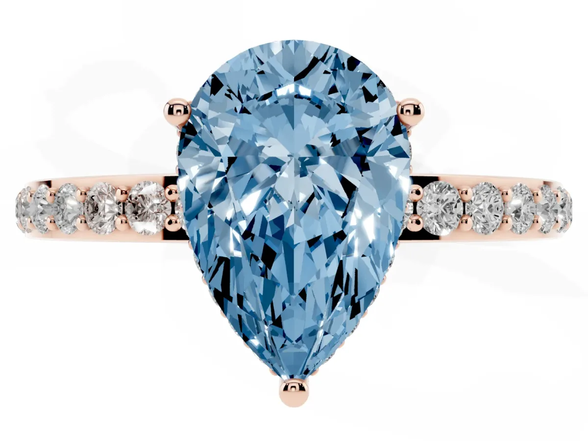 Fancy Blue Pear Cut Diamond Solitaire Ring with Pavé Band and Hidden Halo Rose gold
