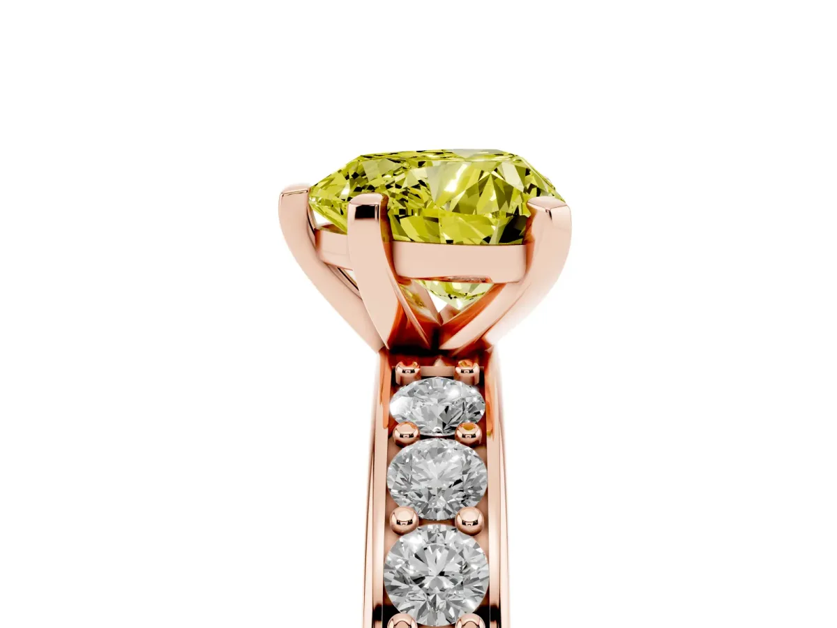 Fancy Yellow Heart Cut Diamond Engagement Ring with Channel Set Round Band and Prong Setting Rose gold