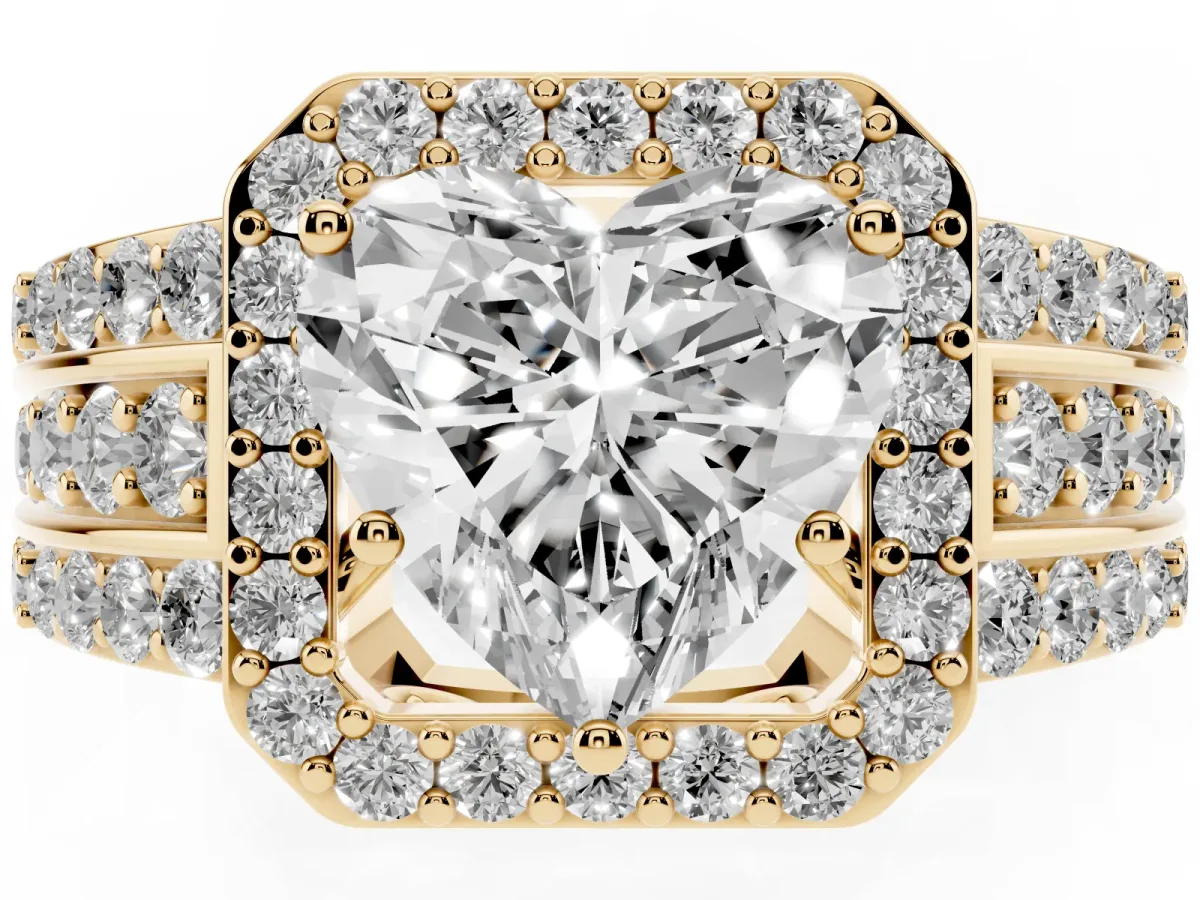 Heart Cut Halo Diamond Ring with Round Split Shank and Prong Setting Yellow gold