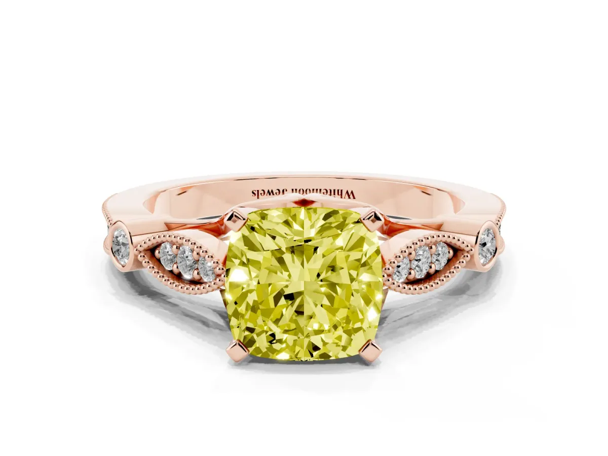 Fancy Yellow Cushion Cut Cut Diamond with Milgrain Marquise and Bezel Accents on a Solitaire Band with Prong Setting Rose gold