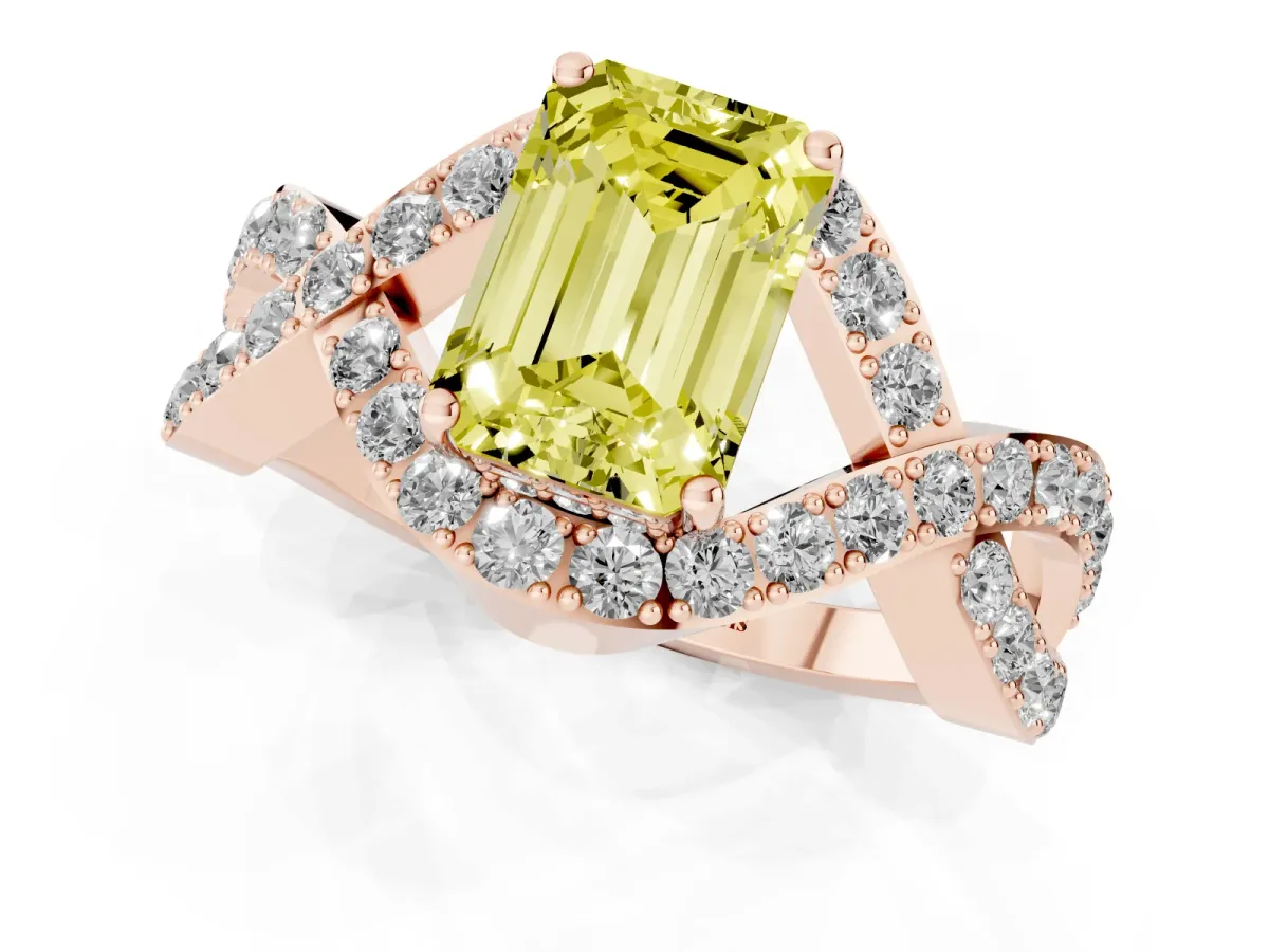 Fancy Yellow Emerald Cut Solitaire Twist Band Pavé Diamond Engagement Ring Rose gold