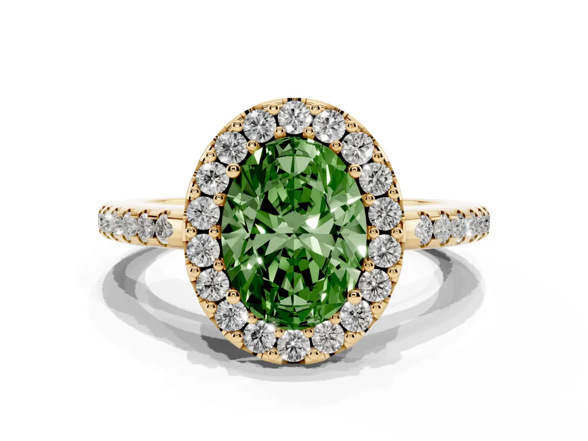 Fancy Green Oval Cut Diamond Pavé Halo Ring with Four-Prong Setting Yellow gold