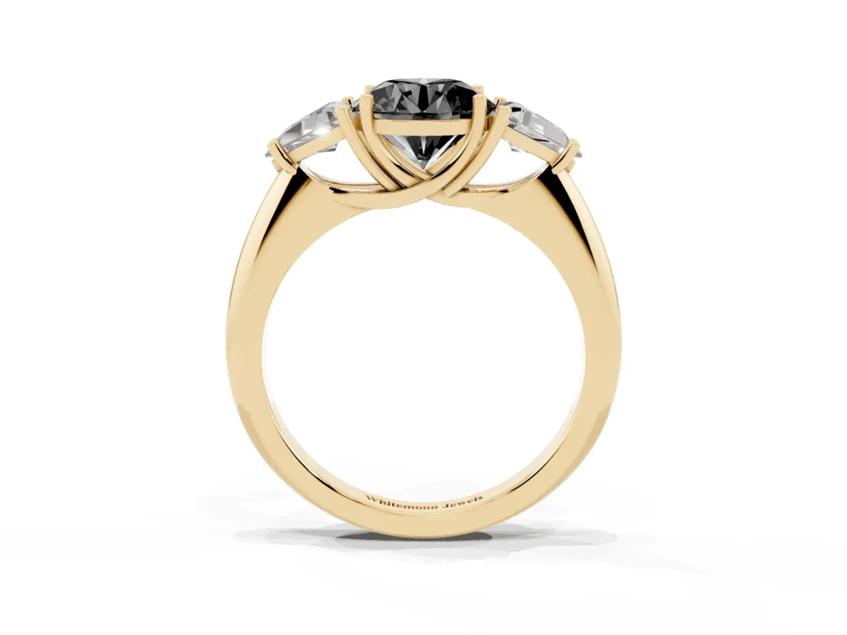 Fancy Black Three-Stone Round Cut Diamond Engagement Ring with Trillion Side Stones and Prong Setting Yellow gold