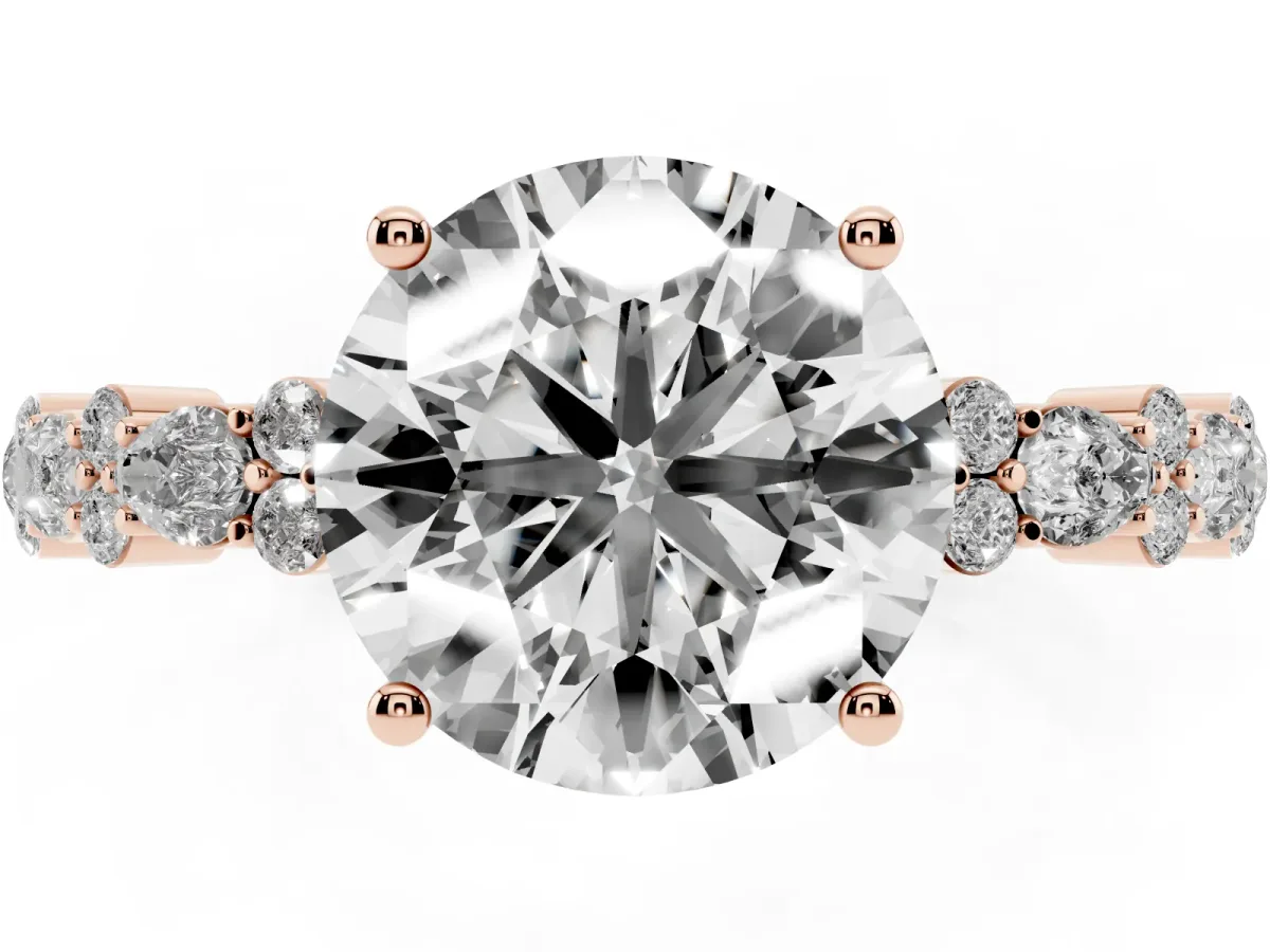 Round Cut Diamond Side Stone Solitaire Ring with Round and Four-Prong Setting Rose gold