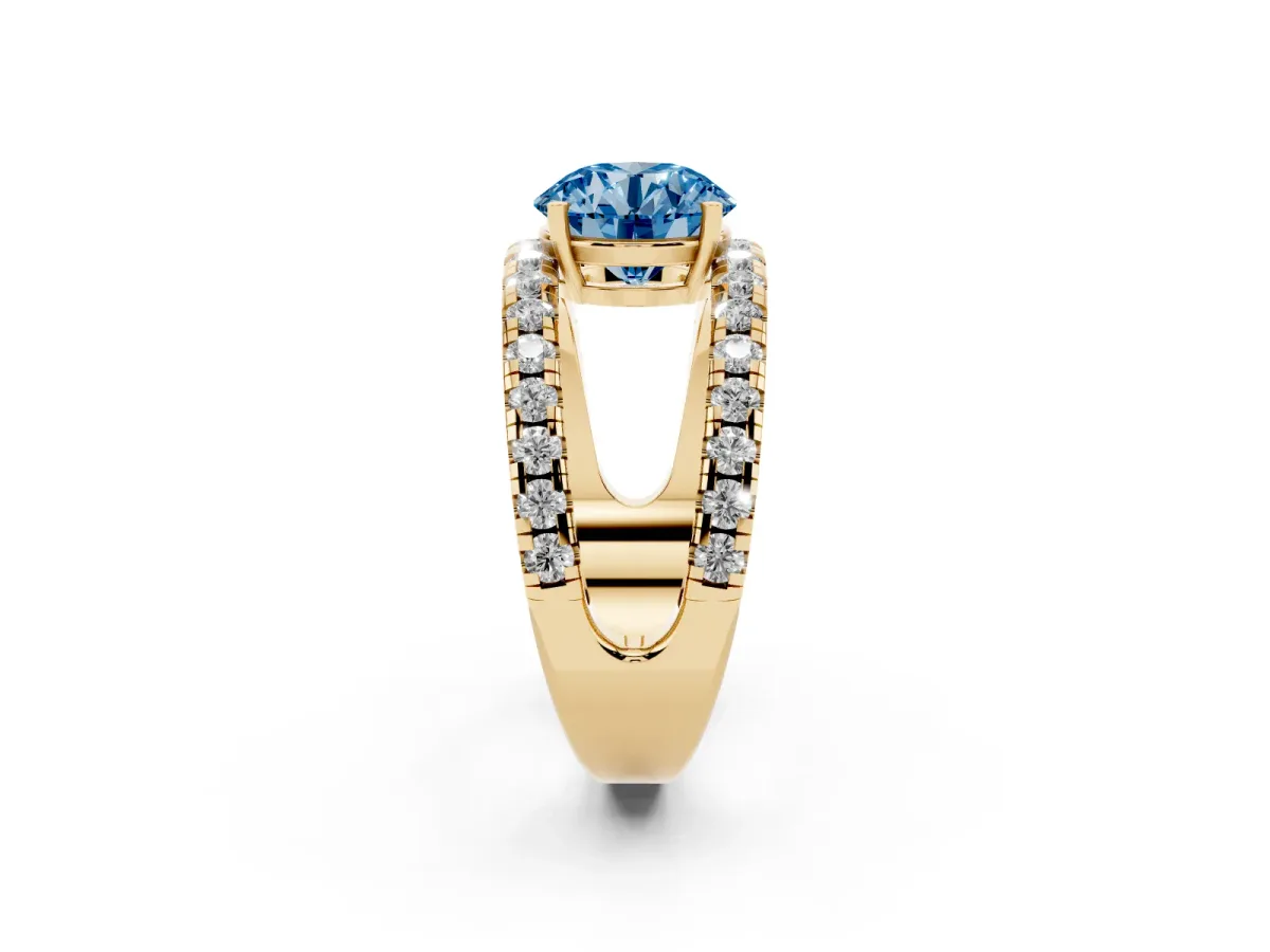 Fancy Blue Round Cut Solitaire Split Shank Pave Diamond Ring Yellow gold