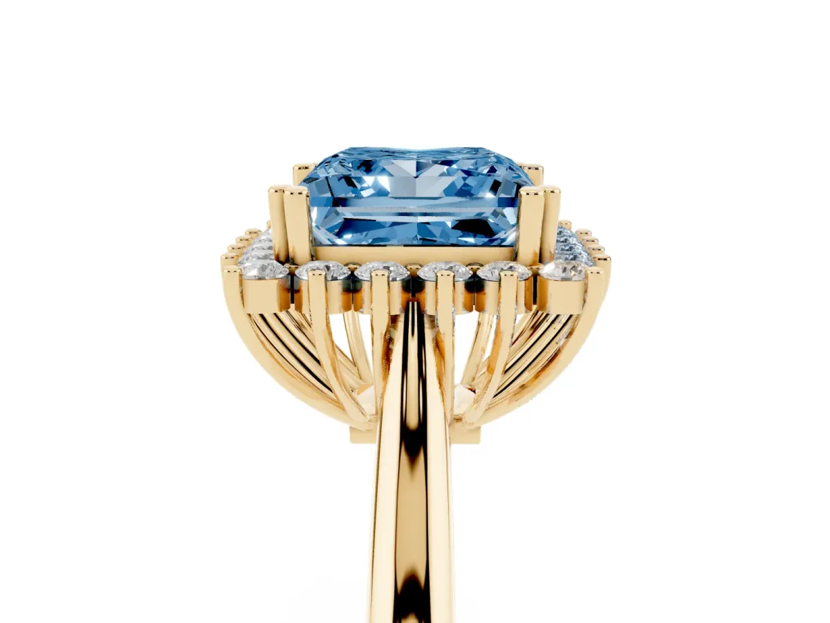 Fancy Blue Princess Cut Cut Diamond Halo Ring with Solitaire Band and Prong Setting Yellow gold