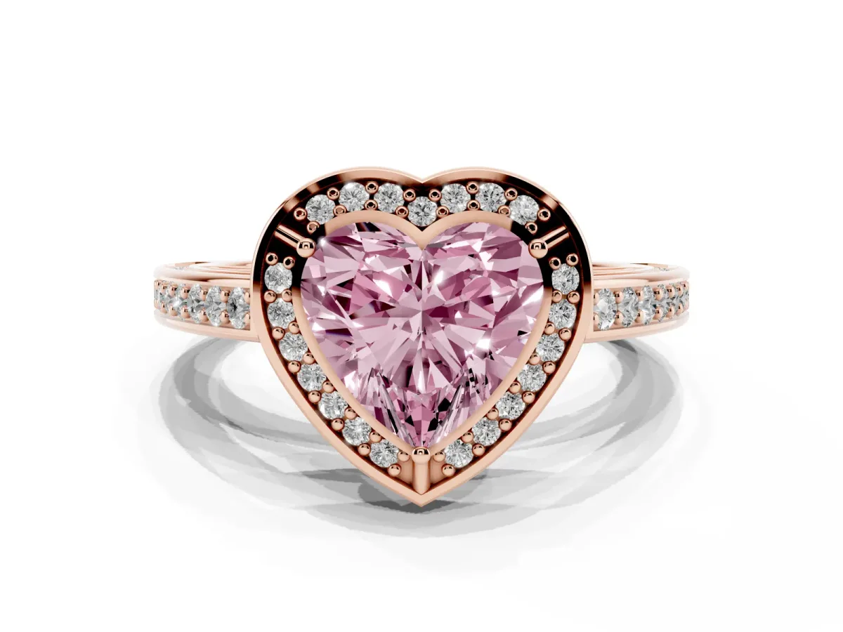 Fancy Pink Heart Cut Cut Halo Pave Split Shank Prong Setting Ring Rose gold