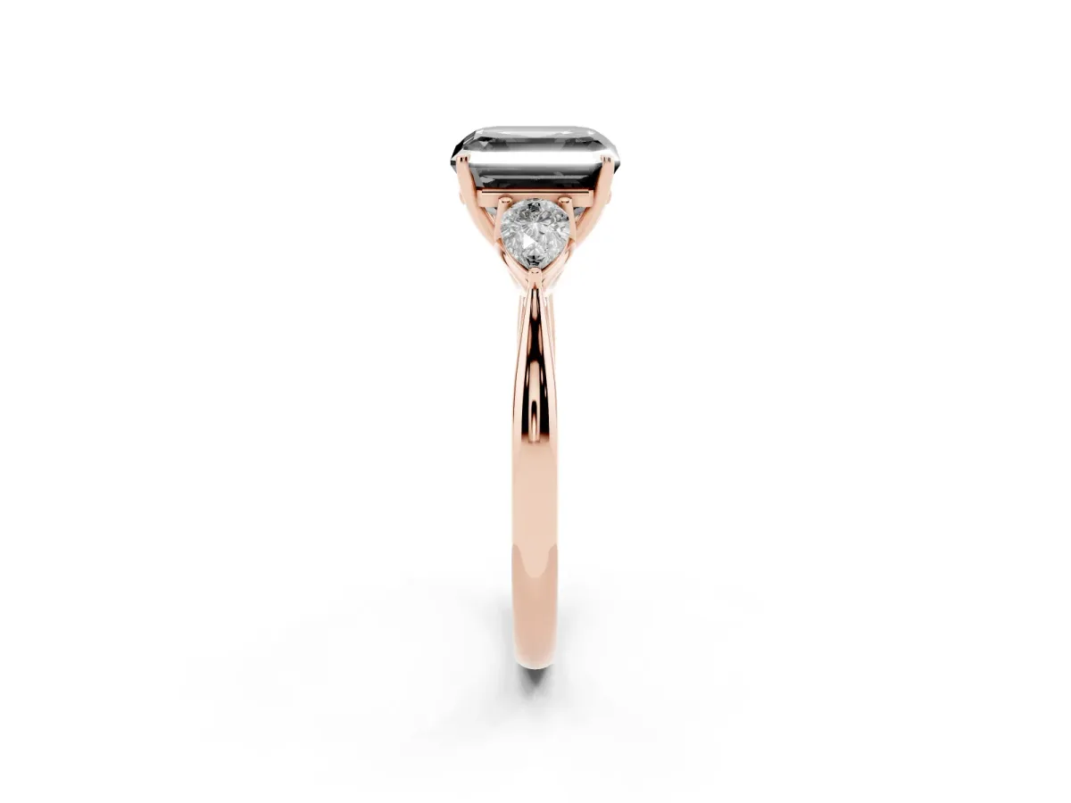 Fancy Black Three-Stone Asscher Cut Brilliant Diamond Solitaire Ring with Tapered Band and Four-Prong Setting Rose gold