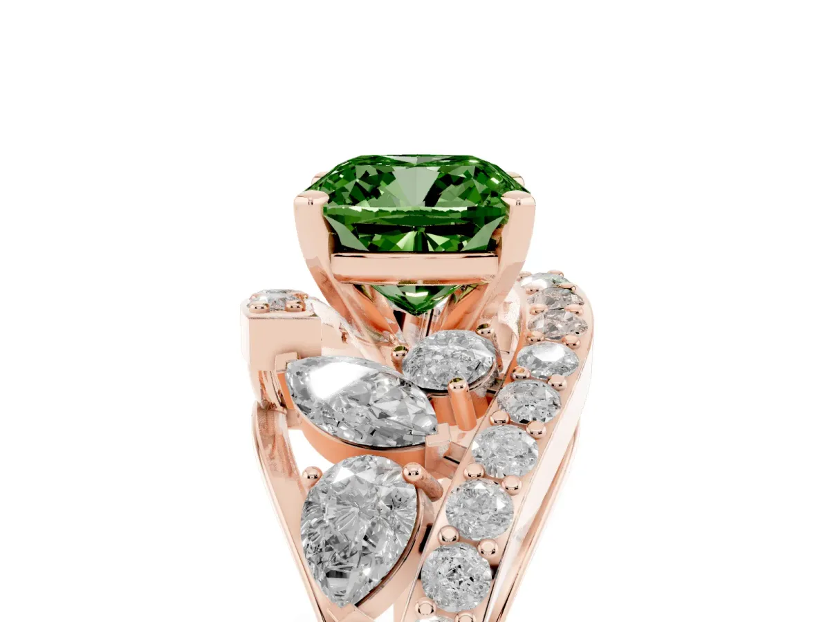 Fancy Green Cushion Cut Diamond Halo Ring with Marquise and Pavé Band in Prong Setting Rose gold