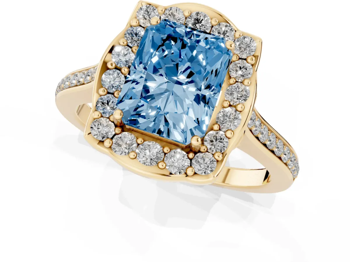 Fancy Blue Radiant Cut Halo Round Diamond Pave Band with Four-Prong Setting Yellow gold