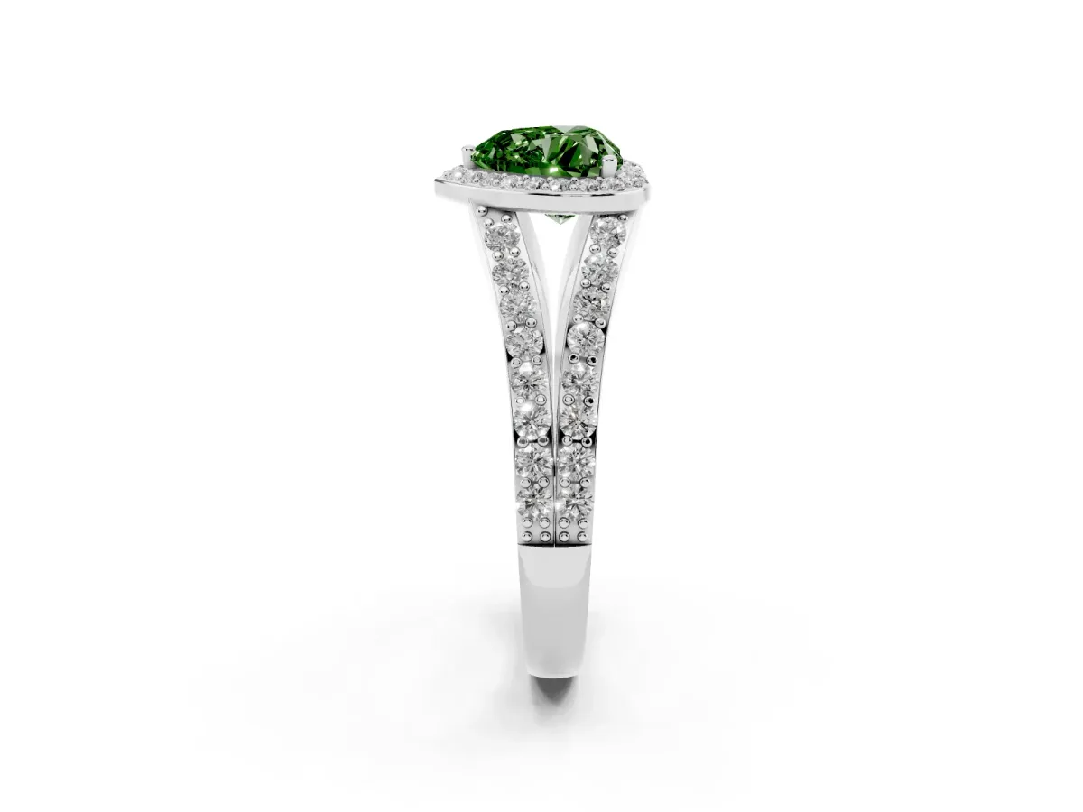Fancy Green Heart Cut Diamond Split Shank Halo Ring with Four-Prong Setting Silver