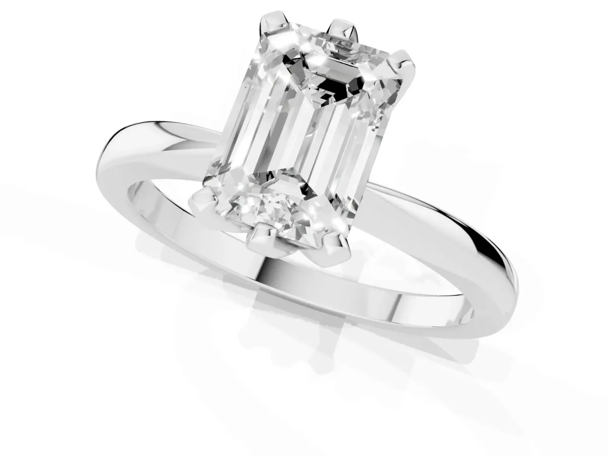 Emerald Cut Solitaire Engagement Ring with Six-Prong Setting and Tapered Band Platinum