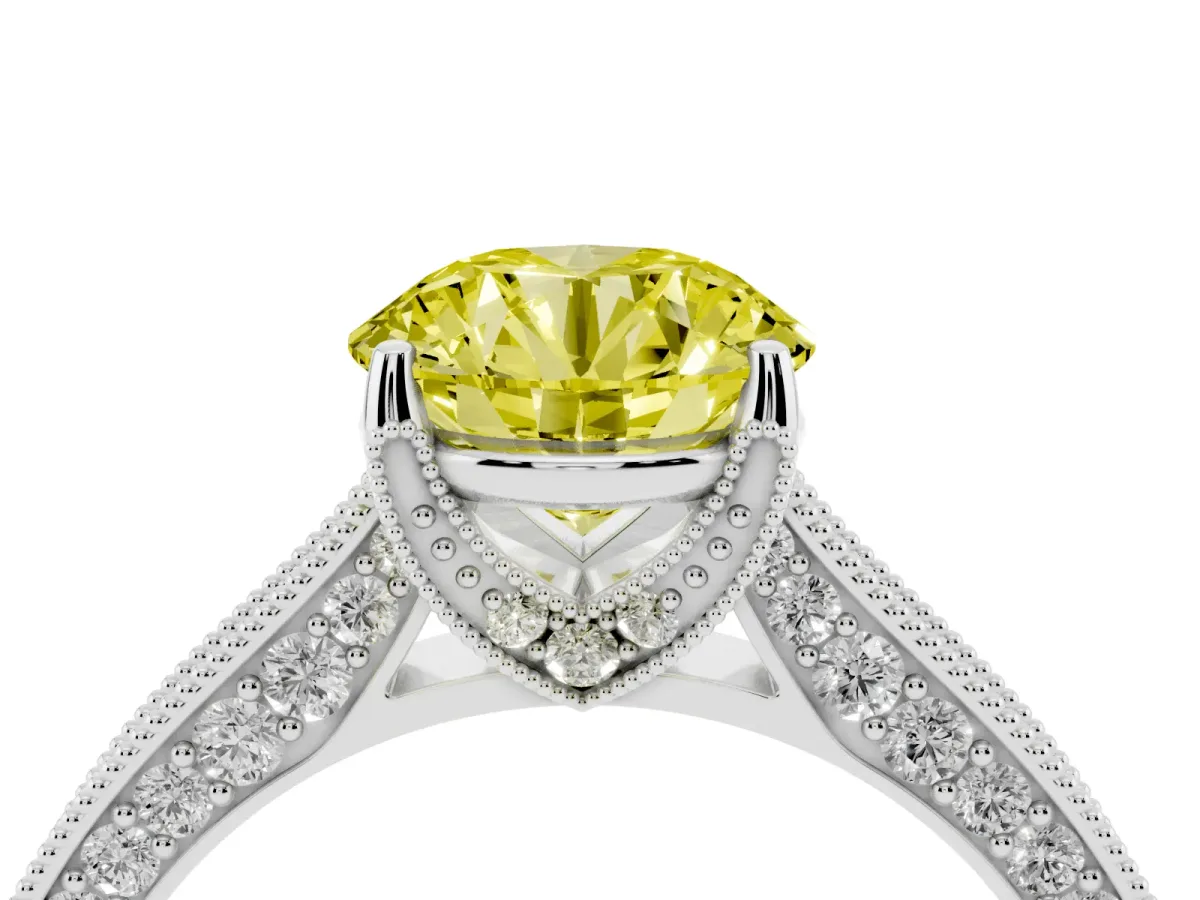 Fancy Yellow Round Cut Cut Diamond Solitaire Ring with Milgrain Pave Band and Four Prong Setting Silver