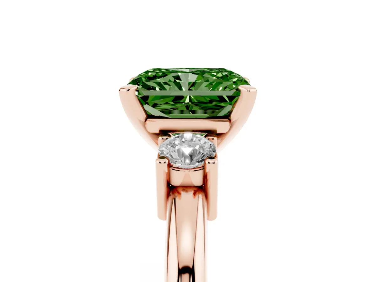Fancy Green Three-Stone Radiant Cut Cut Diamond Solitaire with Prong Setting and Classic Band Rose gold