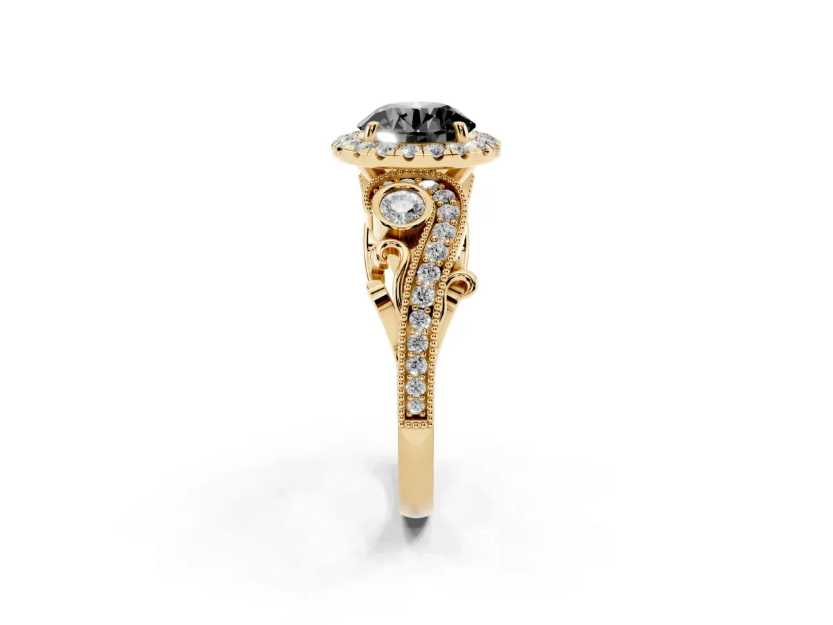 Fancy Black Round Cut Halo Diamond Ring with Milgrain and Bezel Accents on a Split Shank Band Yellow gold