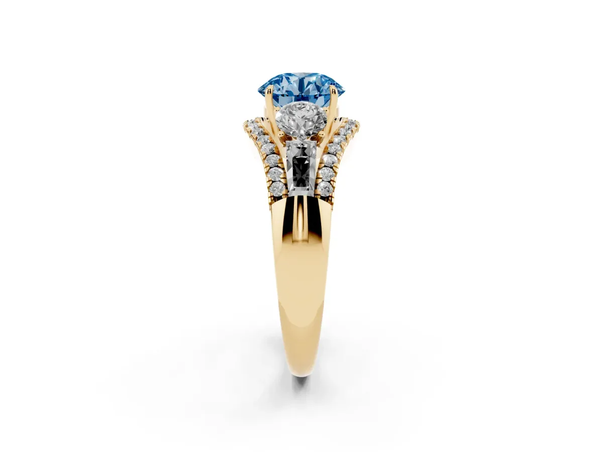 Fancy Blue Three-Stone Round Cut Diamond Engagement Ring with Pave Band and Prong Setting Yellow gold