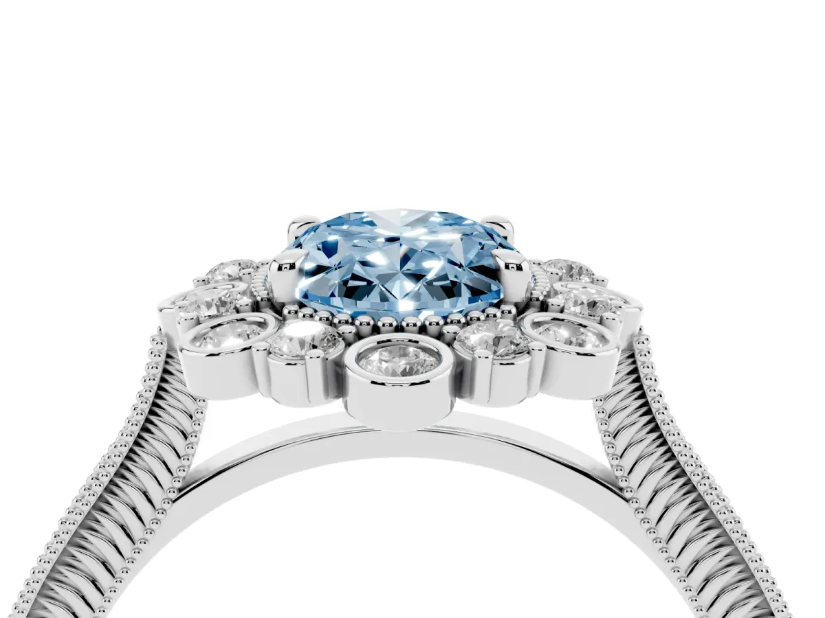 Fancy Blue Oval Cut Halo Milgrain Pave Diamond Ring with Four-Prong Setting Platinum
