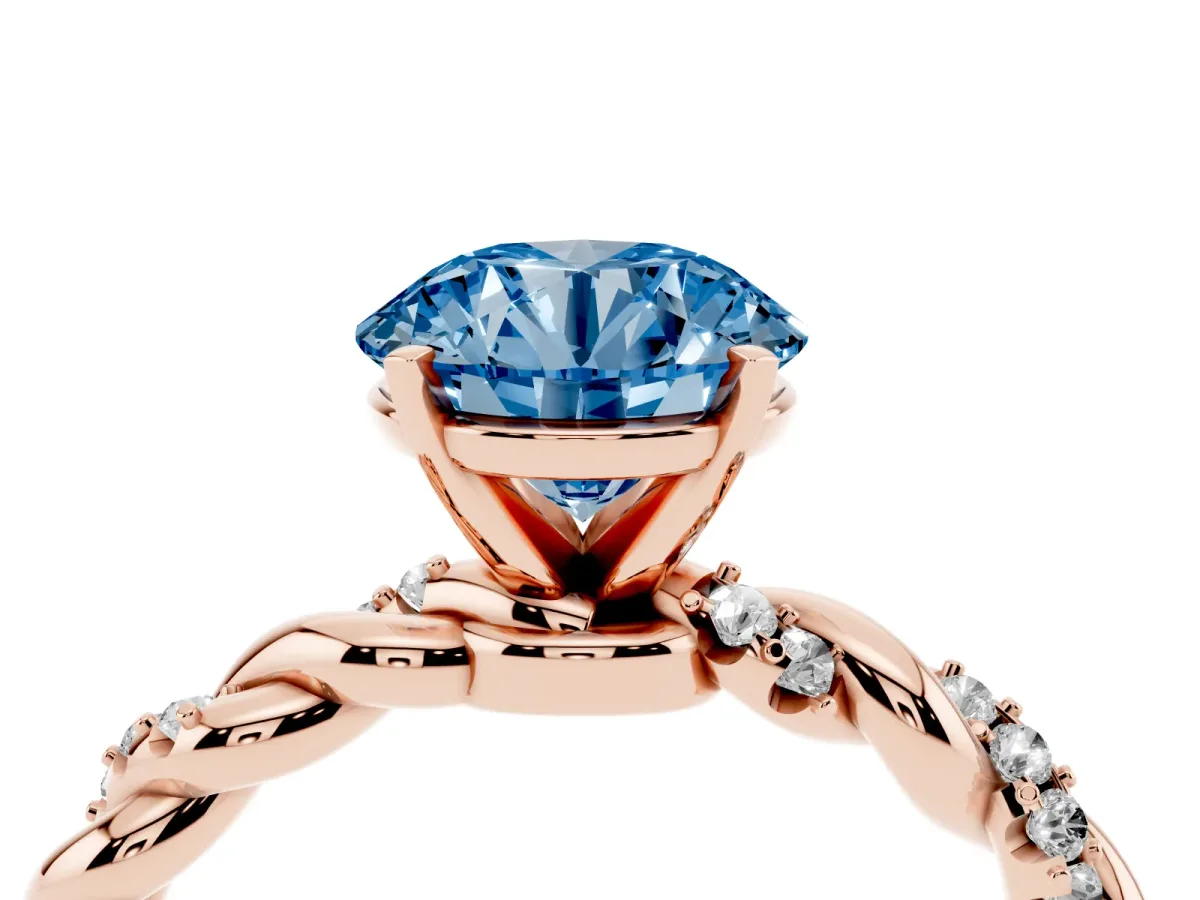 Fancy Blue Round Cut Diamond Solitaire Ring with Twisted Band and Pavé Accents Rose gold
