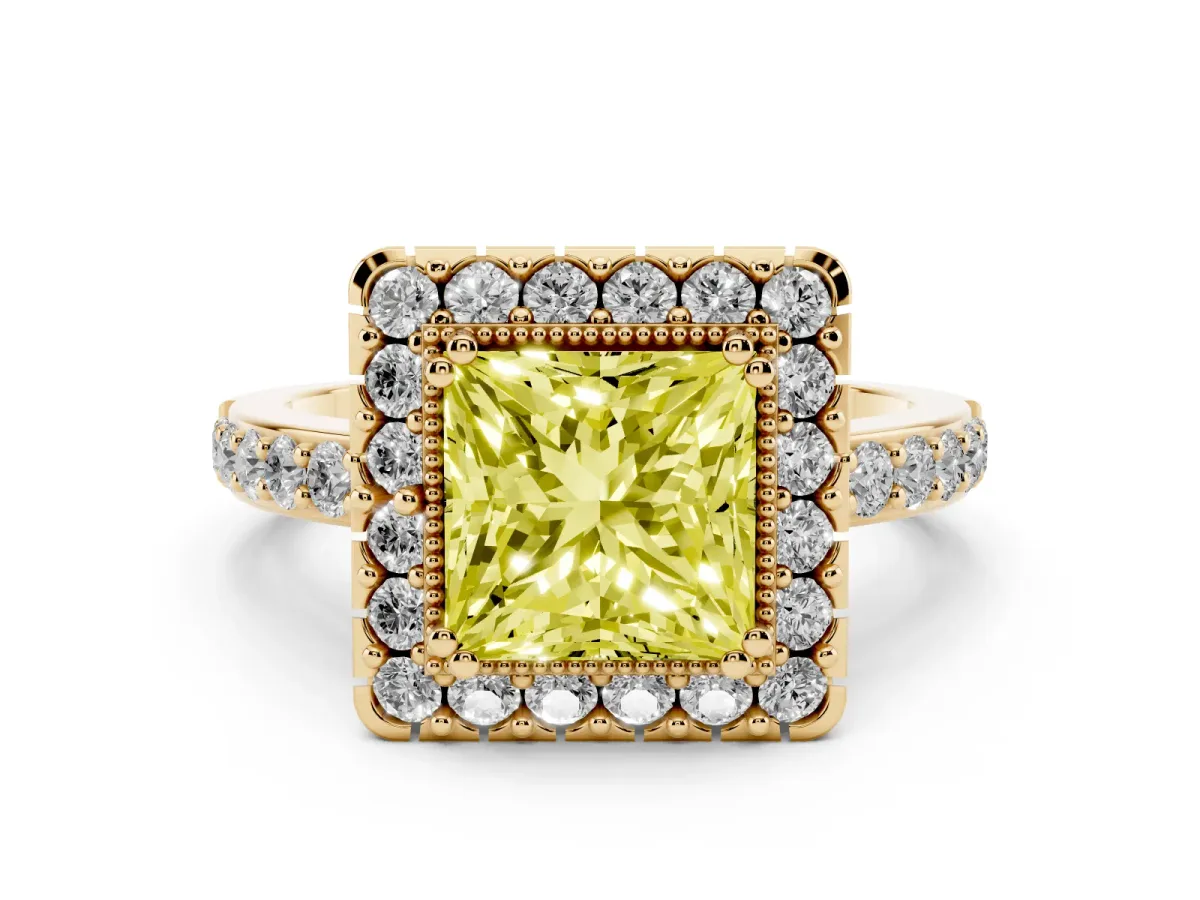 Fancy Yellow Princess Cut Diamond Halo Ring with Pavé Band and Prong Setting Yellow gold