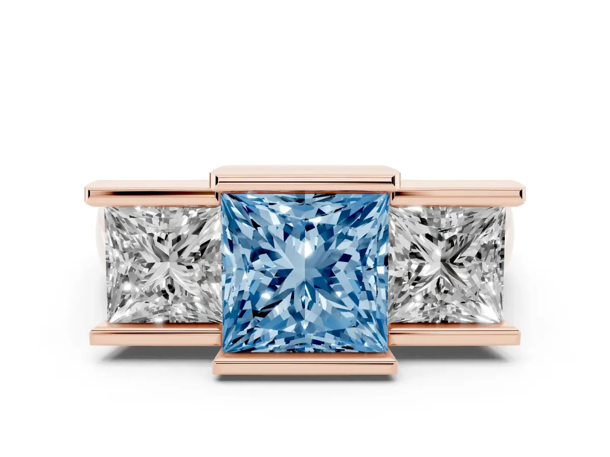 Fancy Blue Three Stone Princess Cut Cut Channel Set Diamond Ring Rose gold