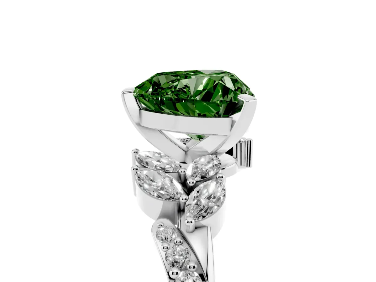 Fancy Green Heart Cut Solitaire Marquise Twist Band with Six-Prong Setting Silver
