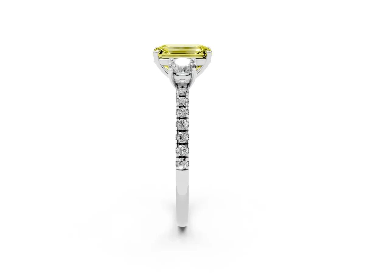 Fancy Yellow Three-Stone Emerald Cut Cut Diamond Pavé Band with Prong Setting Silver