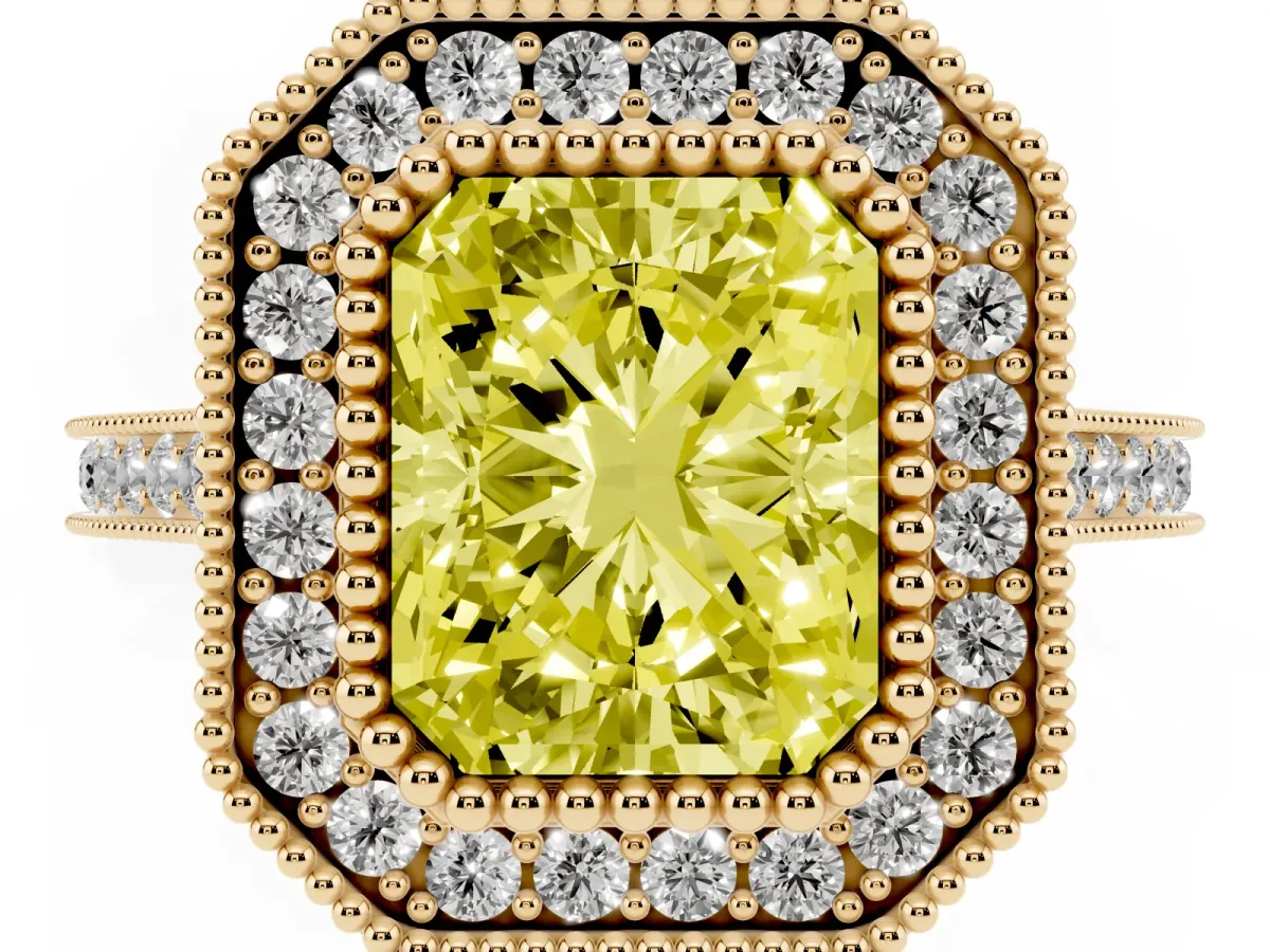Fancy Yellow Radiant Cut Diamond Halo Ring with Milgrain Frame and Pavé Band Yellow gold