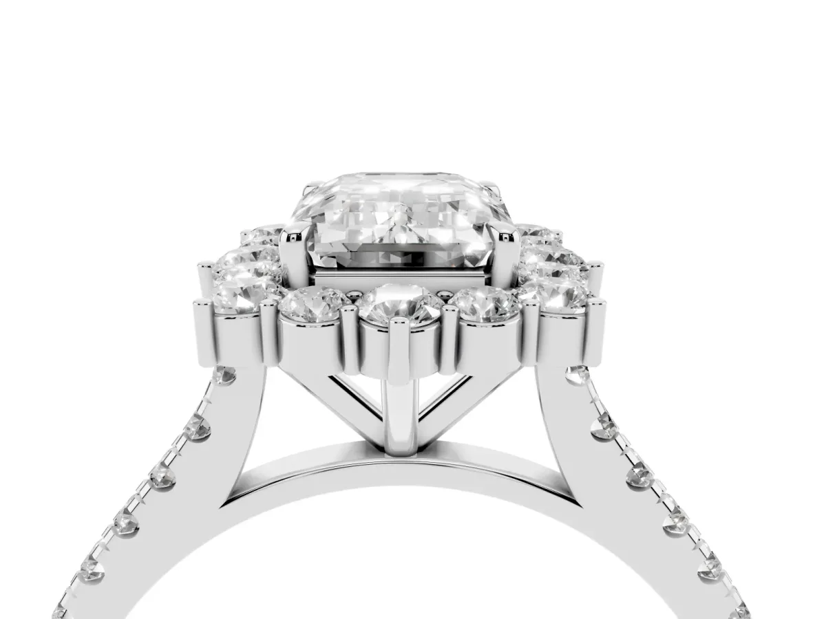 Emerald Cut Halo Diamond Ring with Pavé Band and Prong Setting Silver
