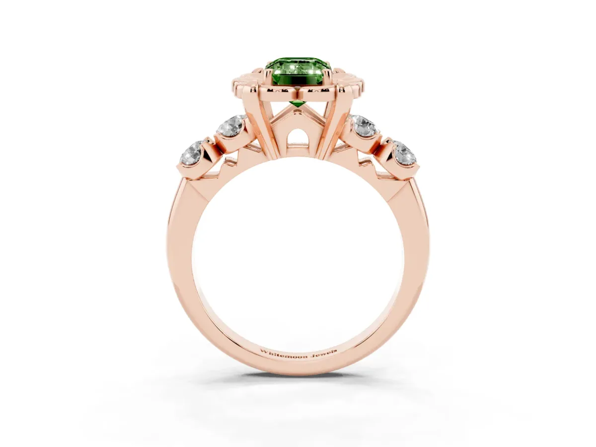 Fancy Green Emerald Cut Cut Diamond Floral Halo Engagement Ring with Shared Prong Setting Rose gold