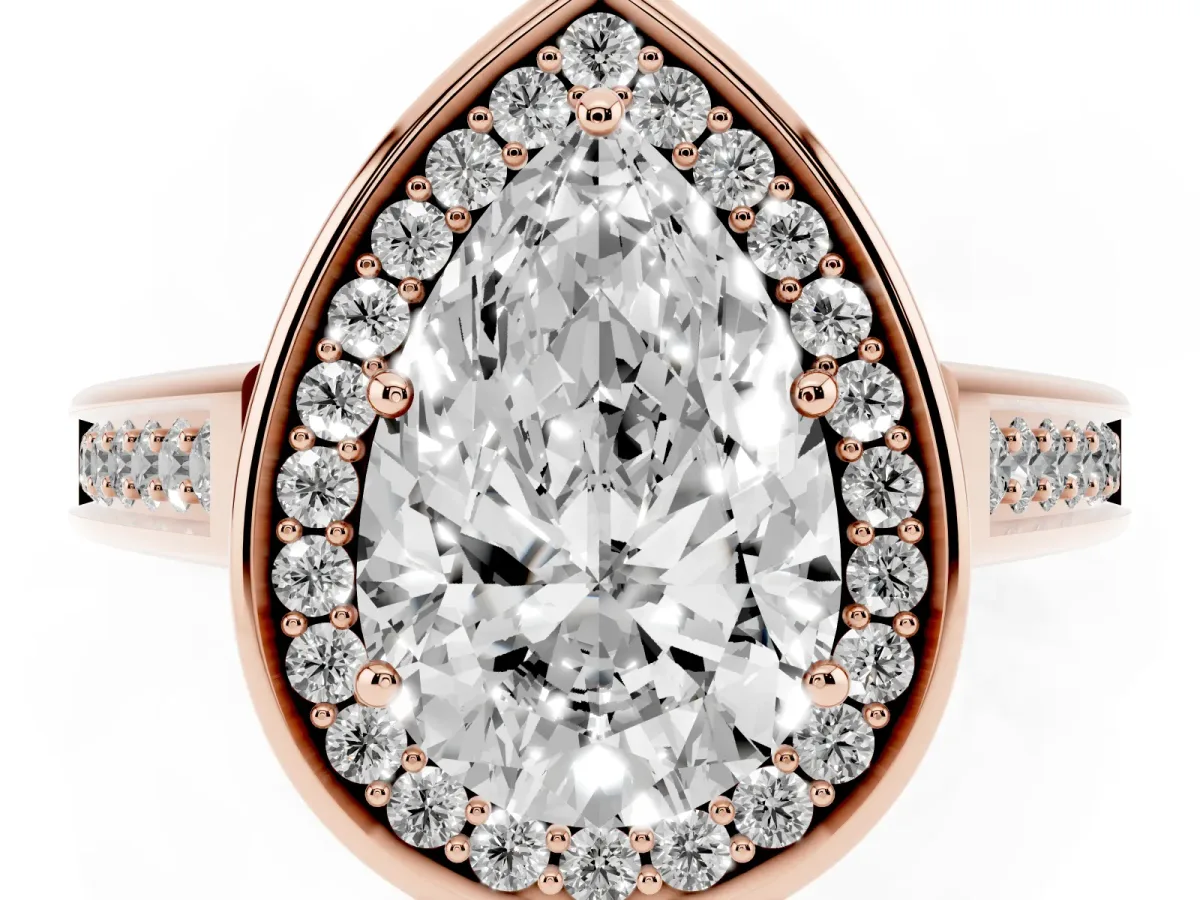Pear Cut Halo Solitaire Diamond Ring with Pave Band and Bezel Setting Rose gold