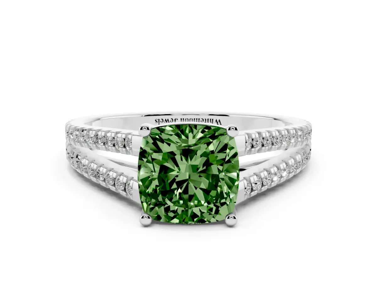 Fancy Green Cushion Cut Diamond Solitaire Engagement Ring with Split Shank Pavé Band Silver