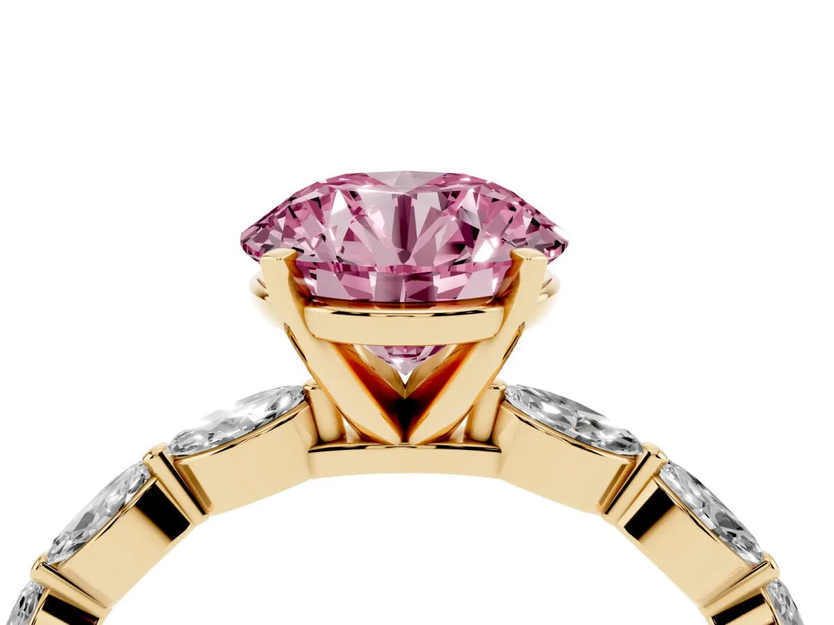 Fancy Pink Round Cut Diamond Ring with Marquise Side Stones and Prong Setting Yellow gold
