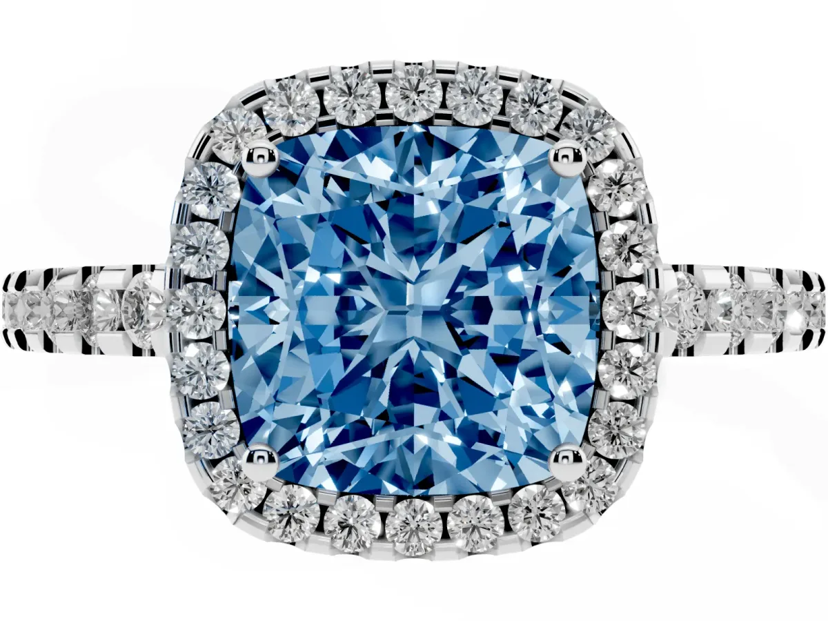 Fancy Blue Cushion Cut Diamond Halo Engagement Ring with Pavé Band and Prong Setting Platinum