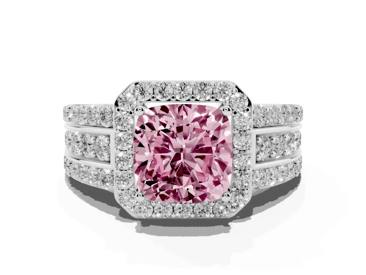 Fancy Pink Cushion Cut Halo Diamond Ring with Round Split Shank and Prong Setting Platinum