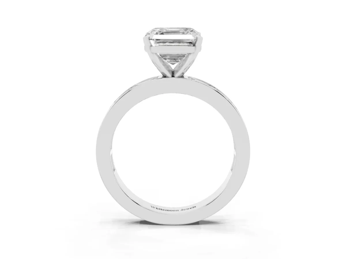 Asscher Cut Solitaire Diamond Ring with Channel-Set Baguette Band and Four-Prong Setting White gold
