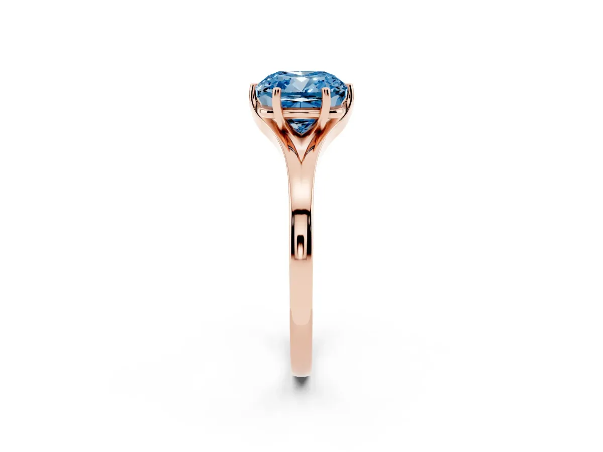 Fancy Blue Cushion Cut Solitaire Diamond Ring with Six-Prong Setting and Tapered Band Rose gold