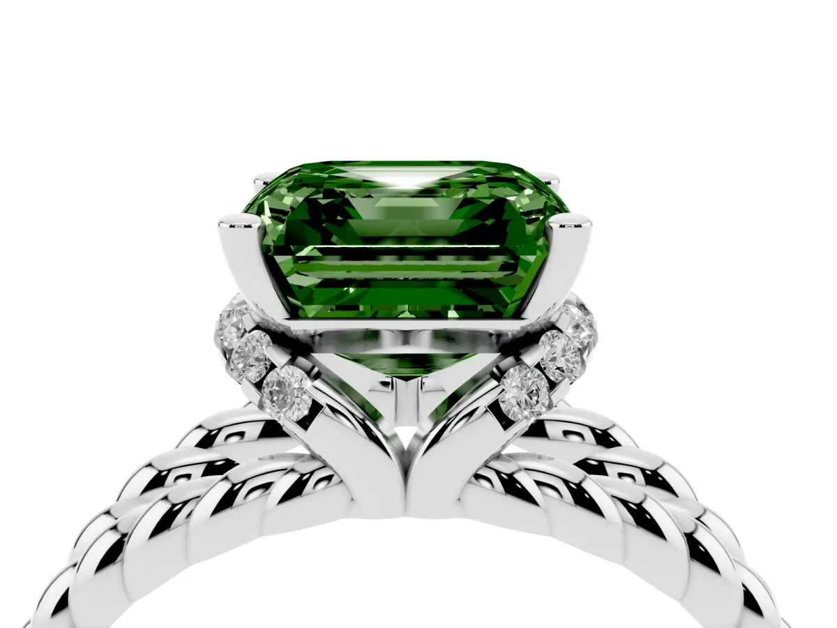 Fancy Green Asscher Cut Halo Twisted Band Four-Prong Ring Silver