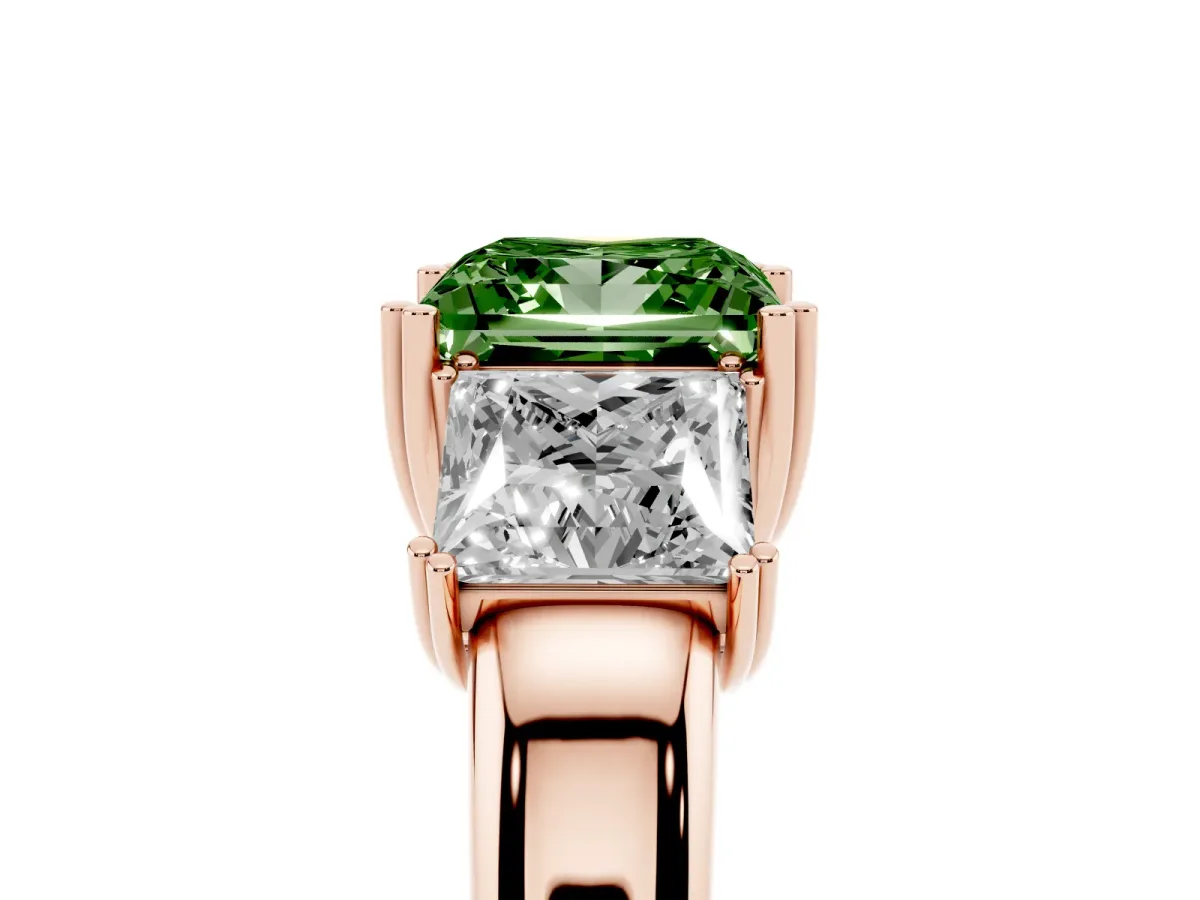 Fancy Green Three-Stone Princess Cut Cut Diamond Ring with Channel Set Band and Four-Prong Setting Rose gold