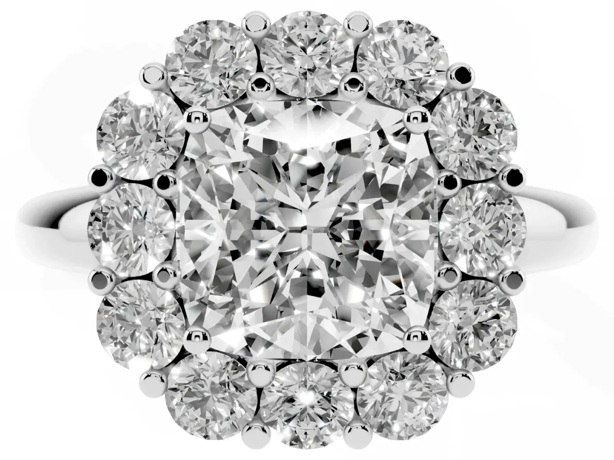 Cushion Cut Halo Cluster Diamond Engagement Ring with Prong Setting and Polished Band Platinum