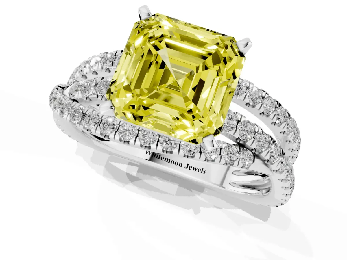 Fancy Yellow Asscher Cut Solitaire Twist Band with Pavé Setting and Four-Prong Setting Silver