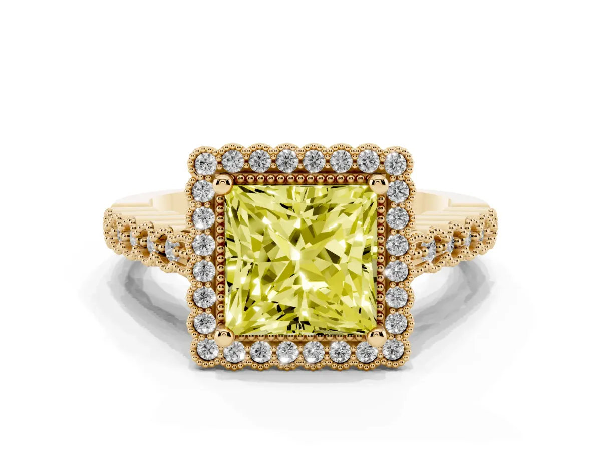 Fancy Yellow Princess Cut Cut Halo Pavé Solitaire Ring with Milgrain Band Yellow gold