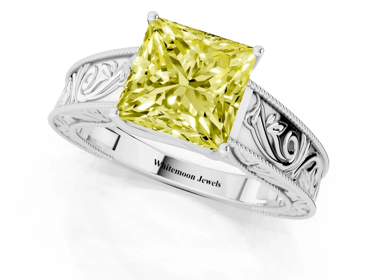 Fancy Yellow Princess Cut Diamond Solitaire Ring with Engraved Band and Four-Prong Setting Silver