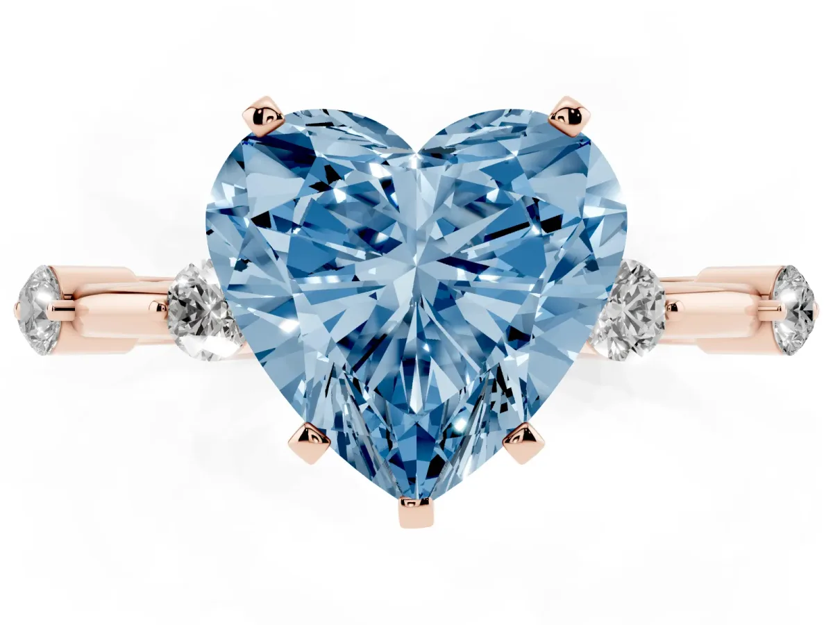 Fancy Blue Heart Cut Solitaire Diamond Ring with Bezel Set Side Stones and Prong Setting Rose gold